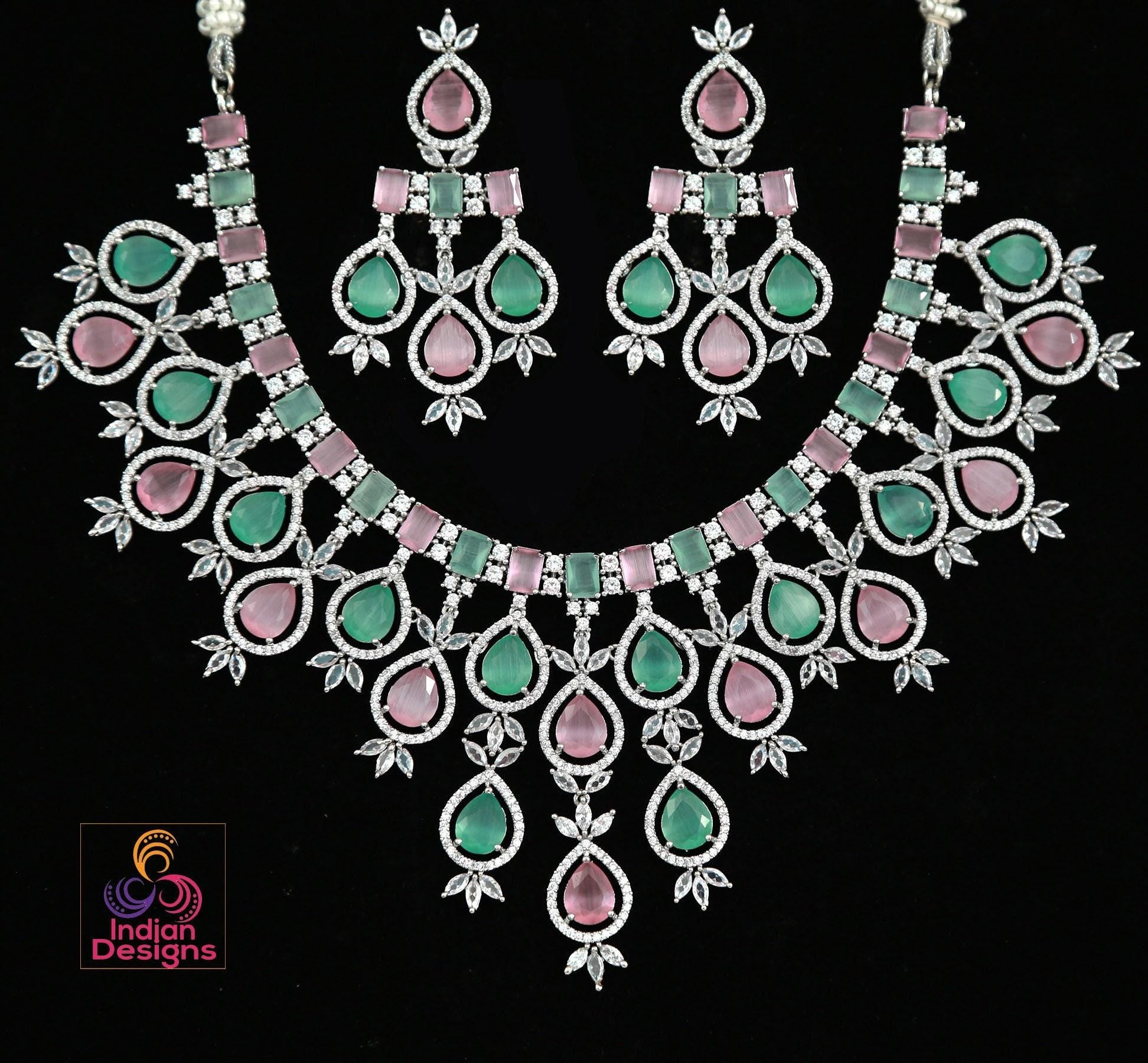 Pink Mint Tear drop stones American Diamond Necklace|Silver Necklace CZ Tear Drop stones|Indian Jewelry|Pakistani Wedding choker|Bollywood f