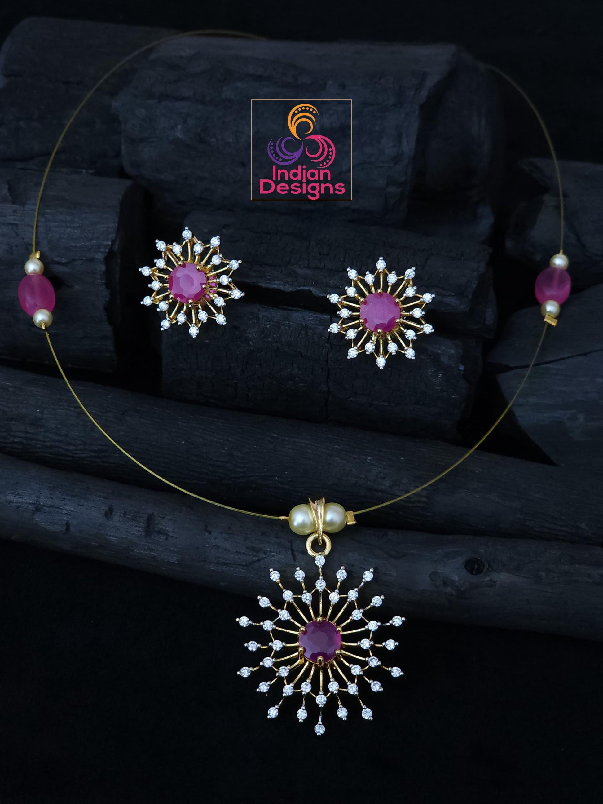 Delicate starburst cz necklace set| gold plated chain & pendant| ad stones invisible necklace| green, aqua, pink, ruby stones| gift for her