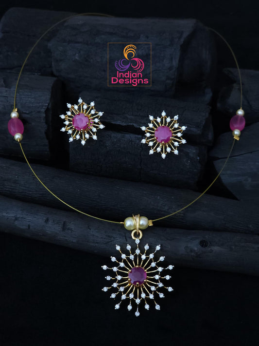 Delicate starburst cz necklace set| gold plated chain & pendant| ad stones invisible necklace| green, aqua, pink, ruby stones| gift for her