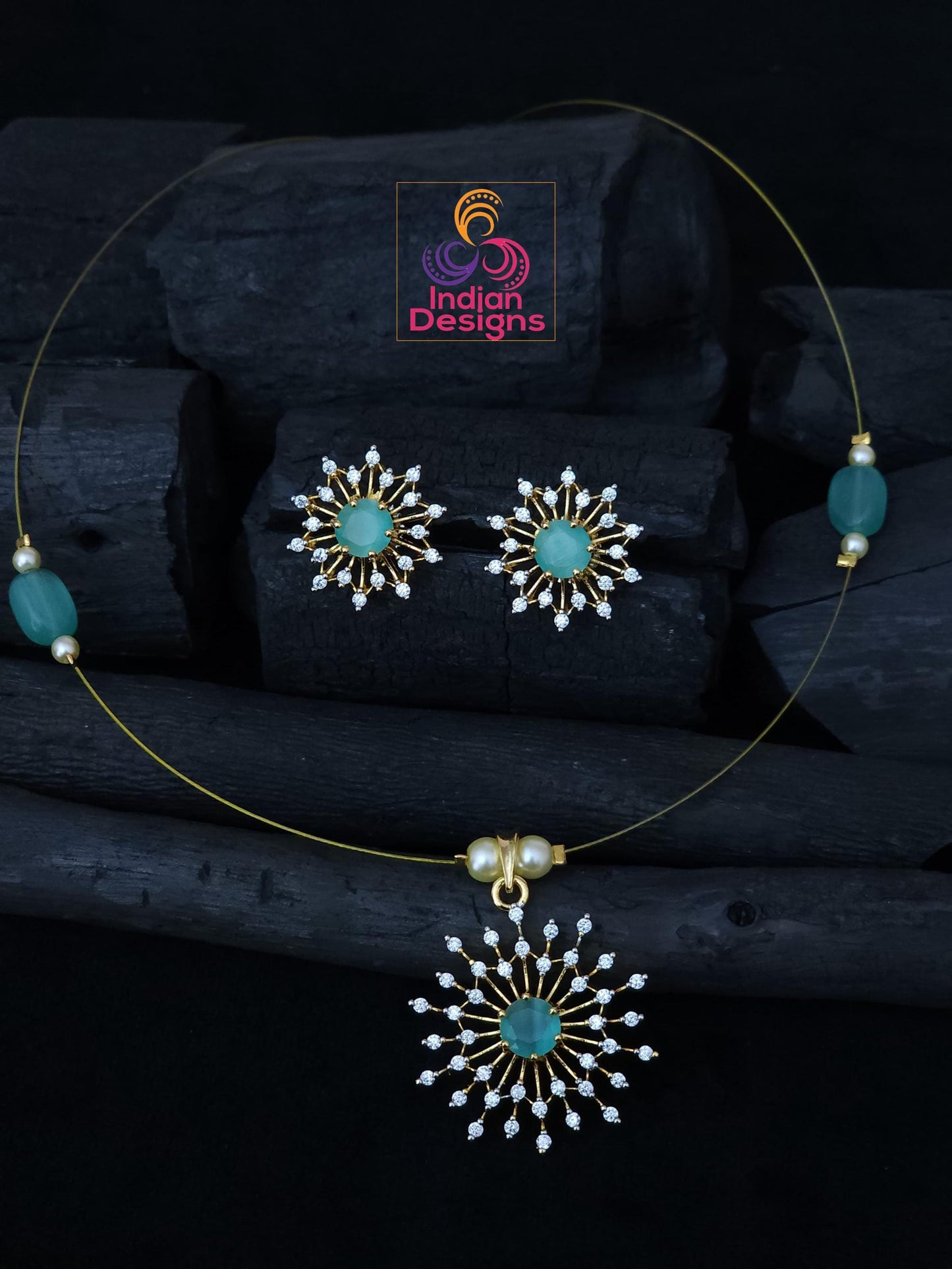 Delicate starburst cz necklace set| gold plated chain & pendant| ad stones invisible necklace| green, aqua, pink, ruby stones| gift for her