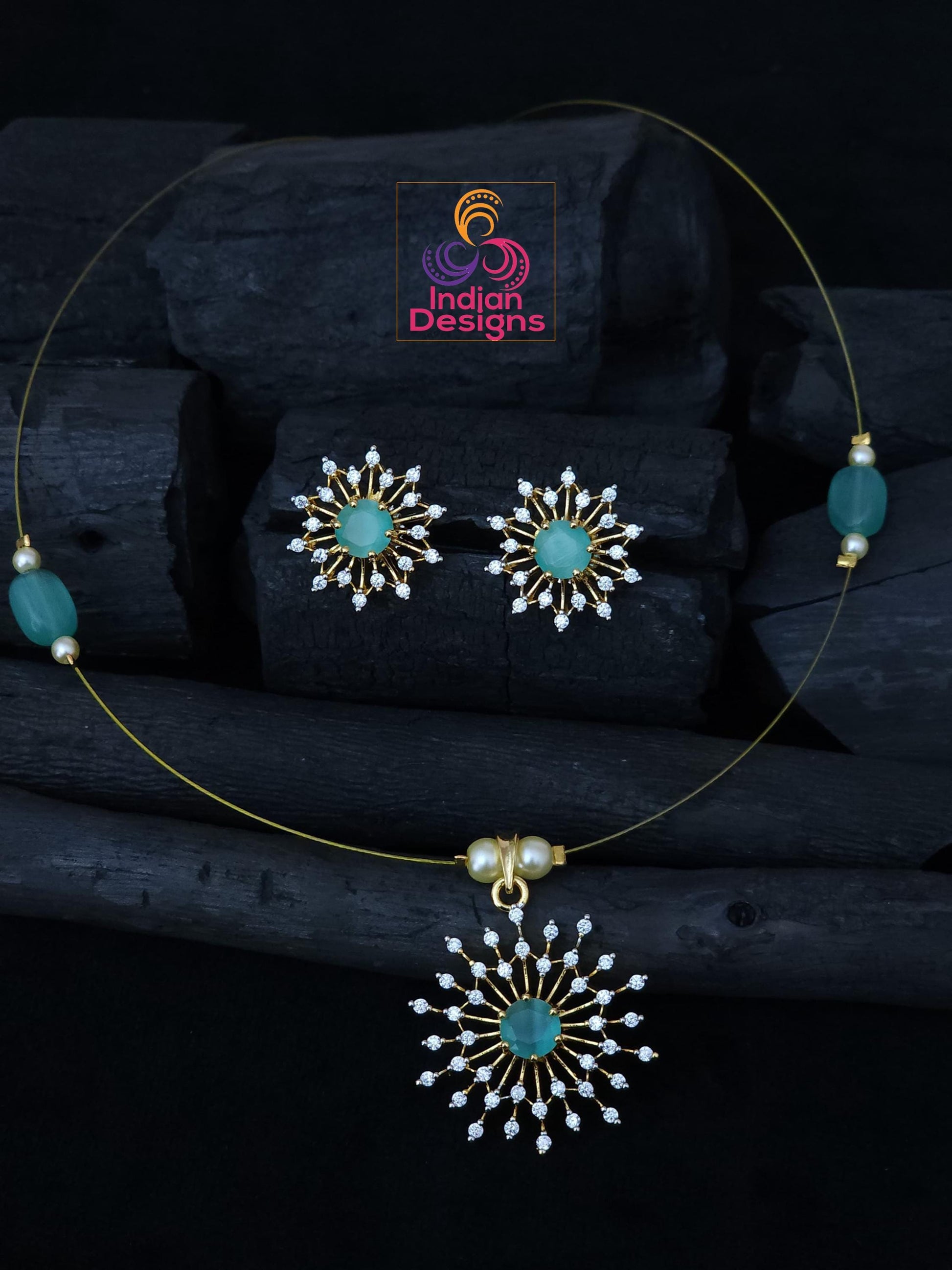 Delicate starburst cz necklace set| gold plated chain & pendant| ad stones invisible necklace| green, aqua, pink, ruby stones| gift for her