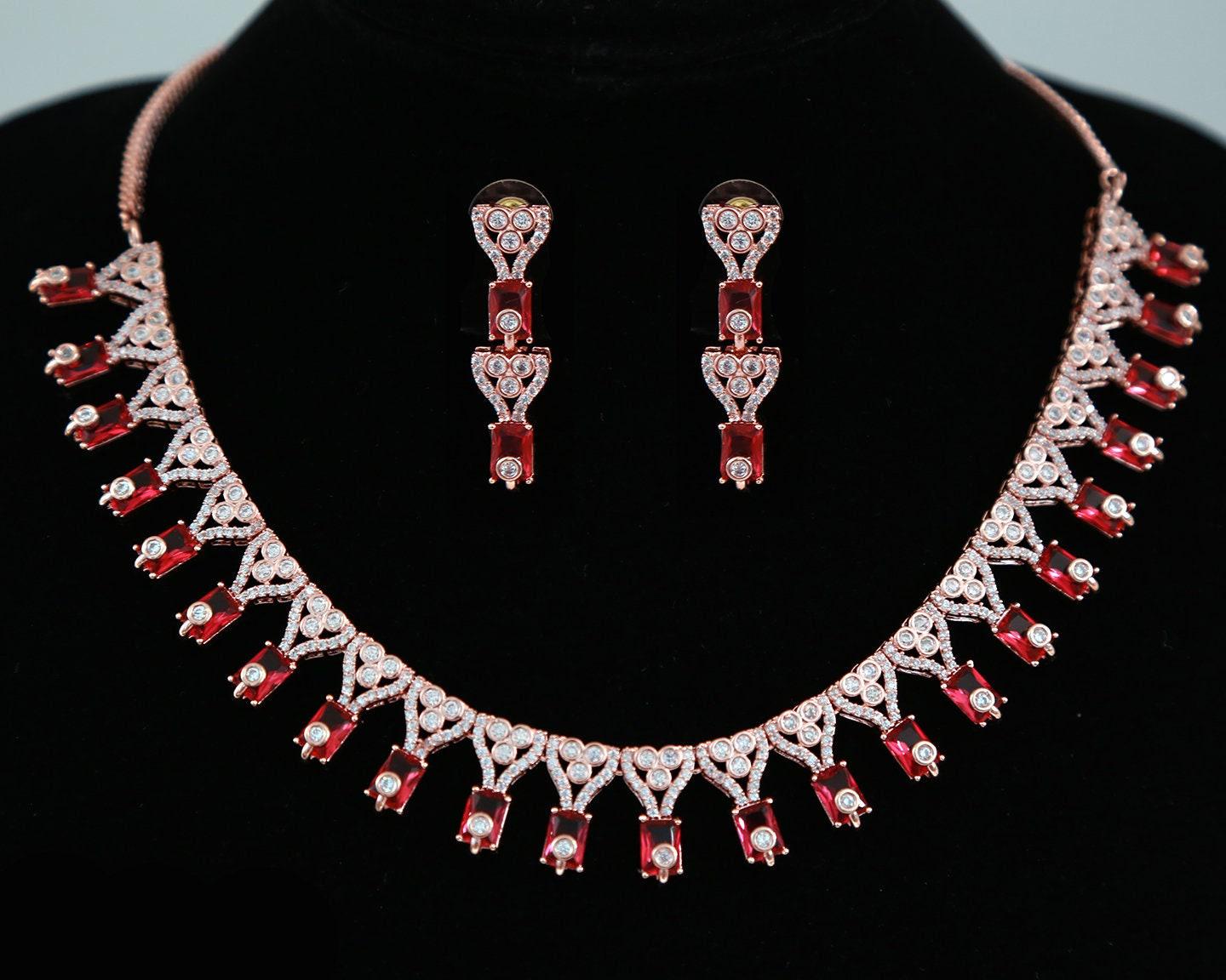Rose Gold American diamond necklace set |CZ White stone necklace designs |Ruby Pink necklace and earring set |Multi color statement necklace