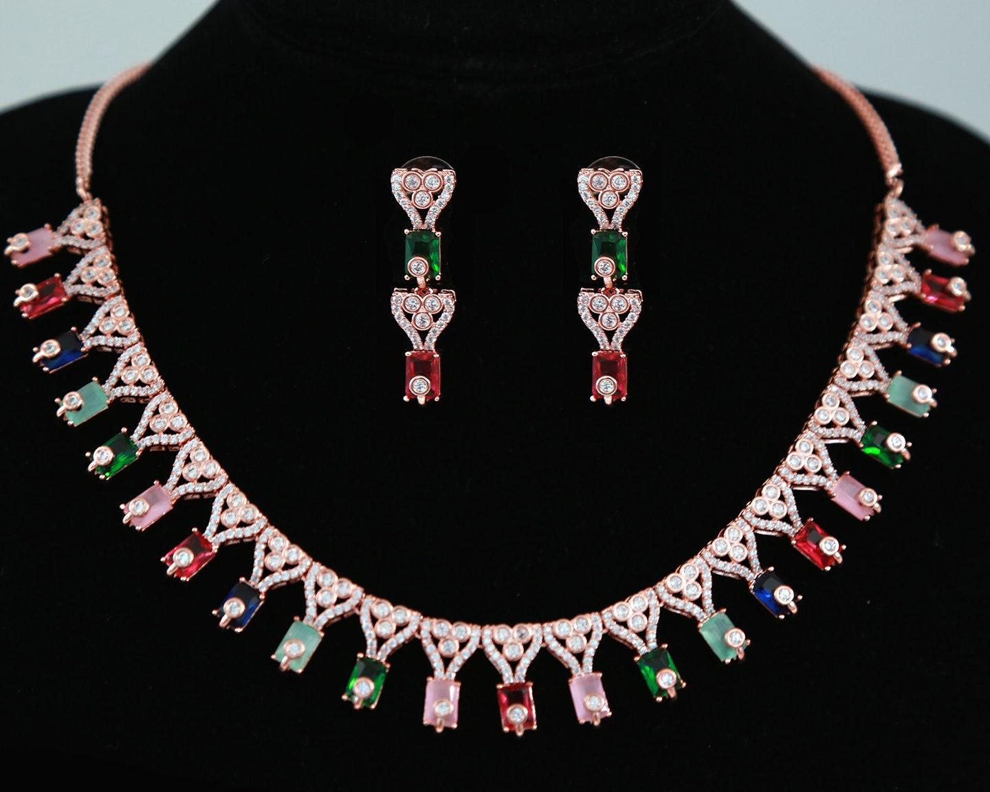 Rose Gold American diamond necklace set |CZ White stone necklace designs |Ruby Pink necklace and earring set |Multi color statement necklace