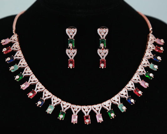 Rose Gold American diamond necklace set |CZ White stone necklace designs |Ruby Pink necklace and earring set |Multi color statement necklace