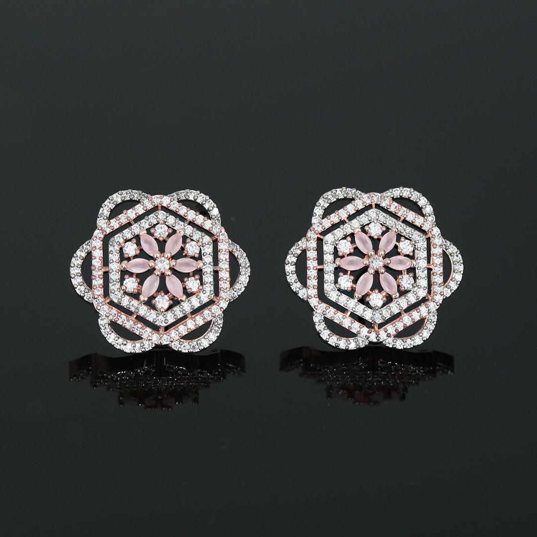 Stunning Gold Rose Stud Earrings with paved diamonds | Two Tone Rose Gold & Silver polish Large Flower Earrings | Color Stone flower studs