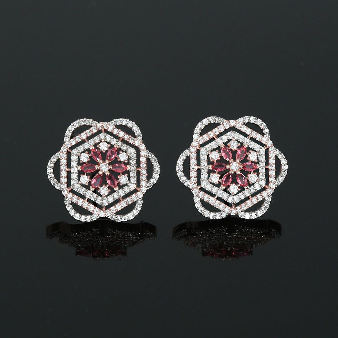 Stunning Gold Rose Stud Earrings with paved diamonds | Two Tone Rose Gold & Silver polish Large Flower Earrings | Color Stone flower studs