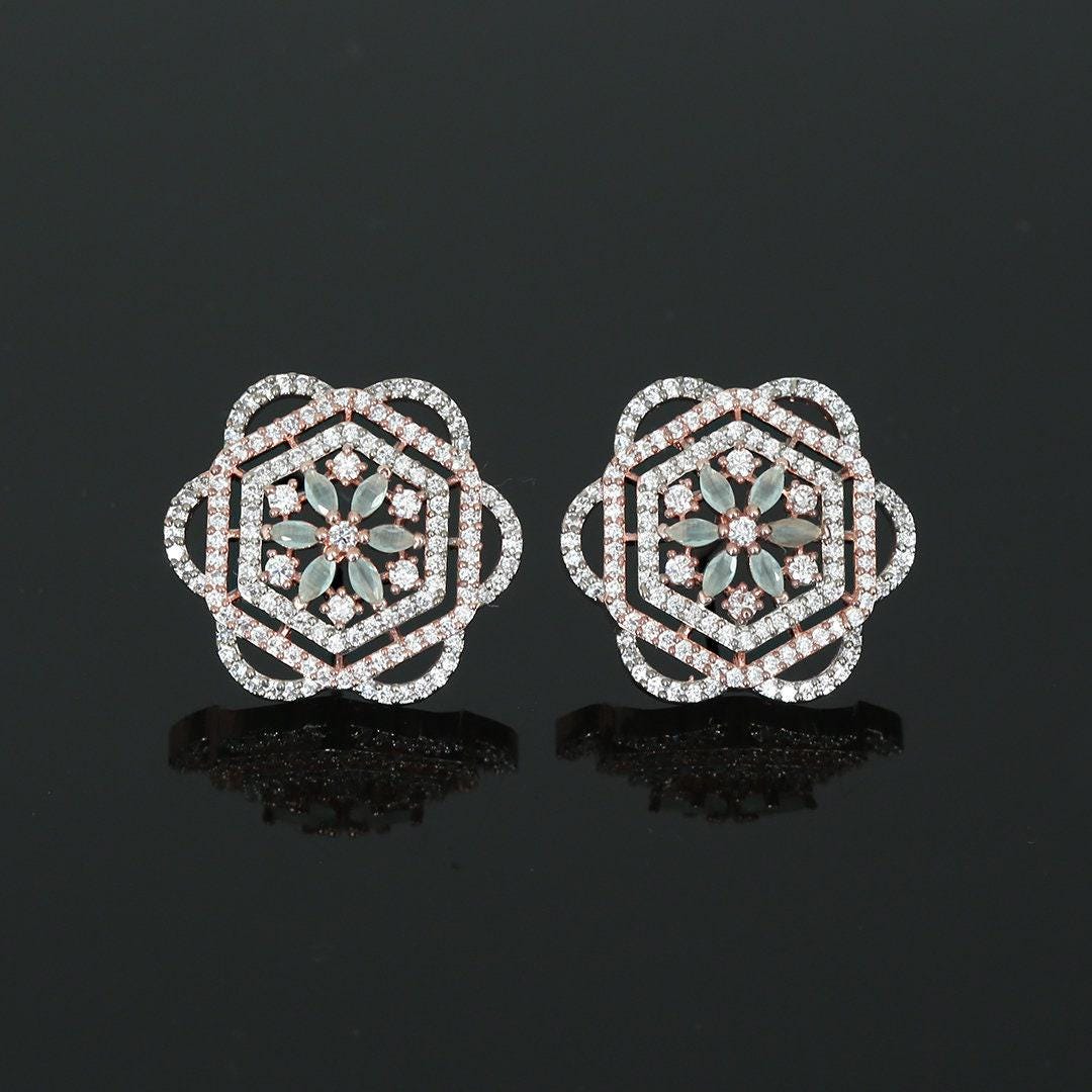 Stunning Gold Rose Stud Earrings with paved diamonds | Two Tone Rose Gold & Silver polish Large Flower Earrings | Color Stone flower studs