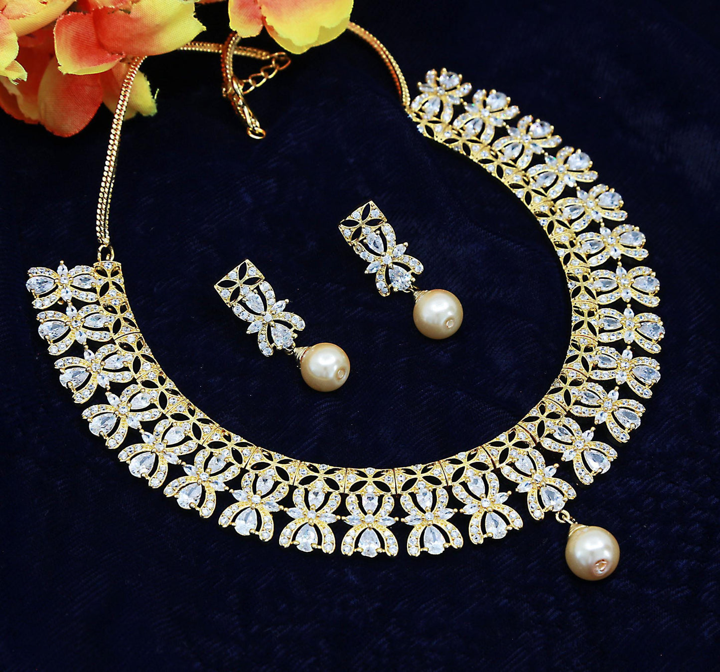 Gold-Plated American Diamond Choker Necklace Set with Pearls & CZ Stones| Elegant Wedding Party Jewelry| Indian jewelry| Gift for her