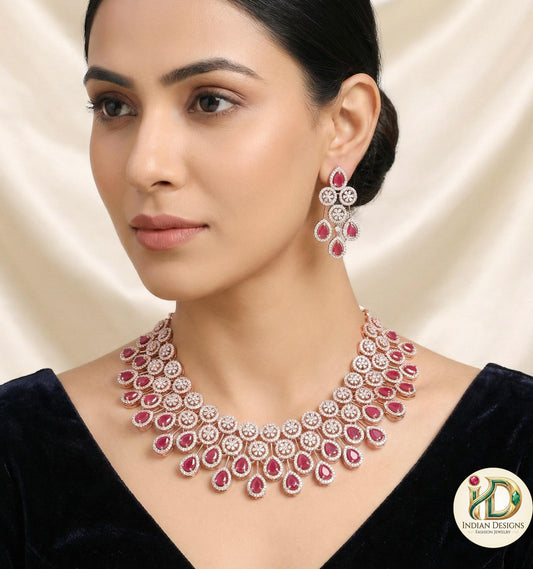 Luxury Gold plated American Diamond Wedding choker set | CZ AD necklace set rose gold Polish | Tear-drop indian wedding bridal jewelry sets