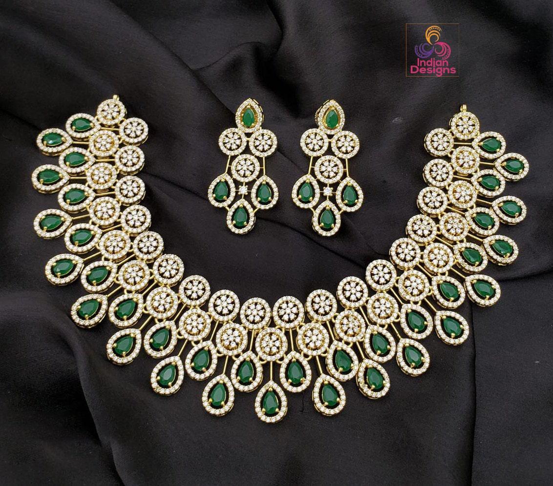 Luxury Gold plated American Diamond Wedding choker set | CZ AD necklace set rose gold Polish | Tear-drop indian wedding bridal jewelry sets