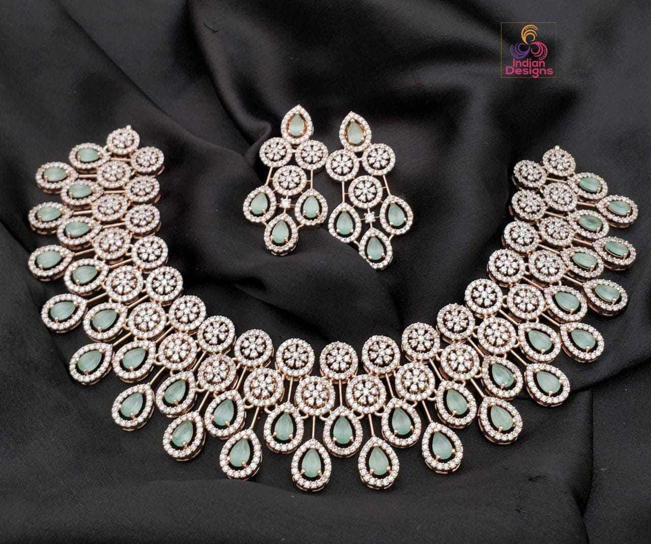 Luxury Gold plated American Diamond Wedding choker set | CZ AD necklace set rose gold Polish | Tear-drop indian wedding bridal jewelry sets