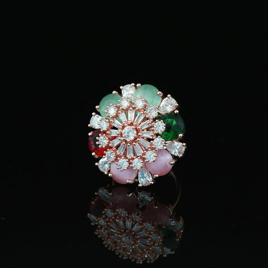 Shop Beautiful Designer Rings | Rose Gold Rings for Woman | Rings Gift for Her | Trending Fashion Jewelry CZ Color stone Flower Design rings