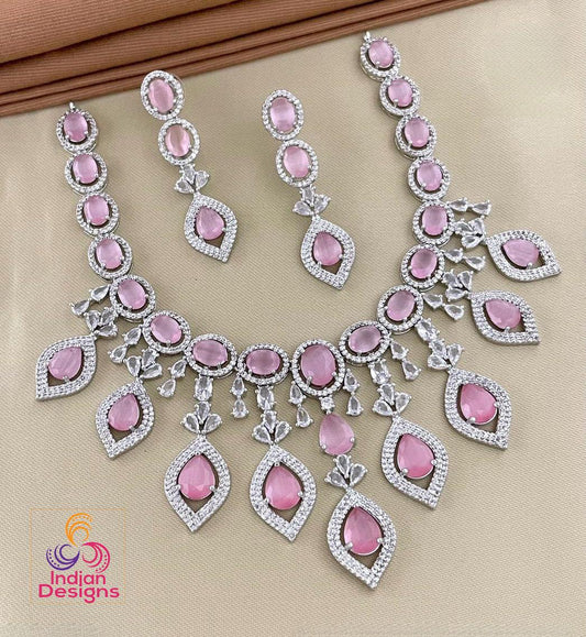 Mint Green Statement Necklace | American diamond necklace set rose gold | Cz ad Indian jewelry sets | Beautiful Pakistani Jewelry designs