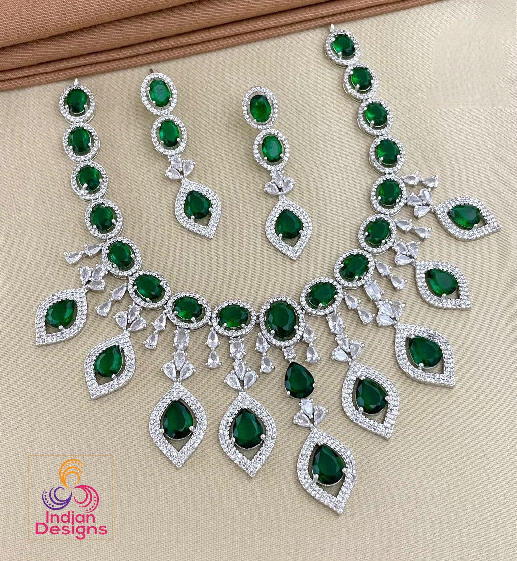 Mint Green Statement Necklace | American diamond necklace set rose gold | Cz ad Indian jewelry sets | Beautiful Pakistani Jewelry designs