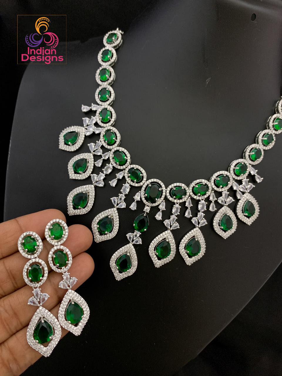Mint Green Statement Necklace | American diamond necklace set rose gold | Cz ad Indian jewelry sets | Beautiful Pakistani Jewelry designs