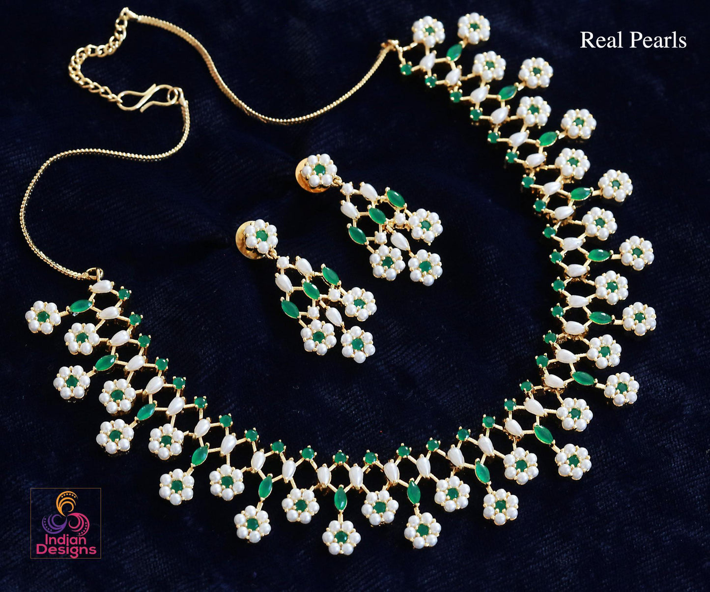 Real Pearl Floral Necklace Set with Green Stones| Multicolor Bridal Wedding Jewelry| Gold Plated Pearl Jewelry| Statement Necklace| For her