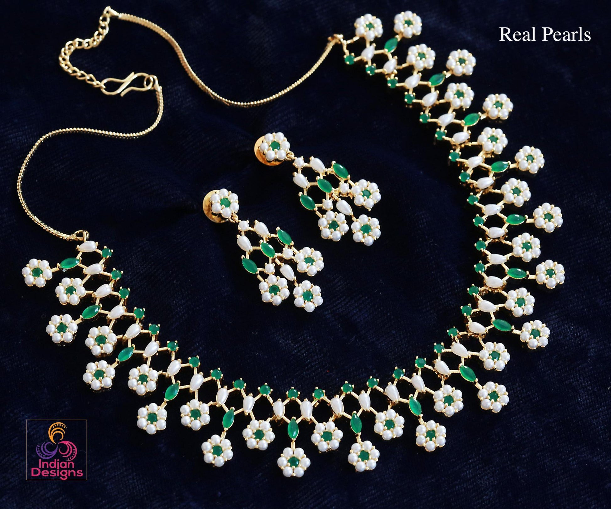 Real Pearl Floral Necklace Set with Green Stones| Multicolor Bridal Wedding Jewelry| Gold Plated Pearl Jewelry| Statement Necklace| For her