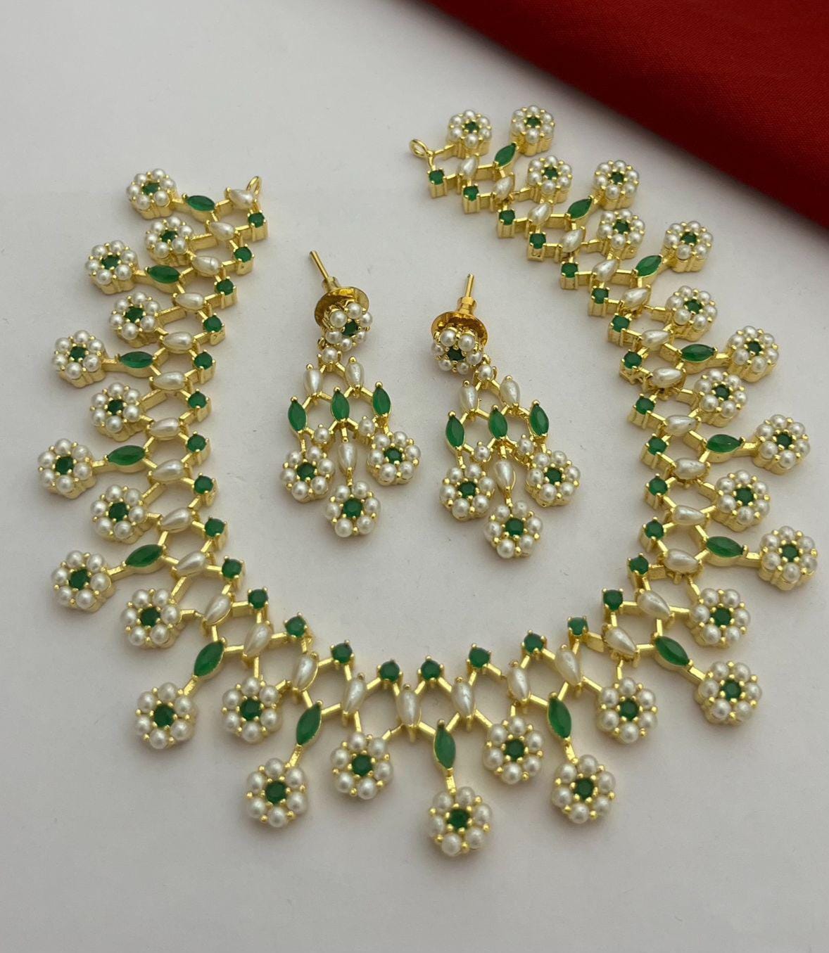 Real Pearl Floral Necklace Set with Green Stones| Multicolor Bridal Wedding Jewelry| Gold Plated Pearl Jewelry| Statement Necklace| For her