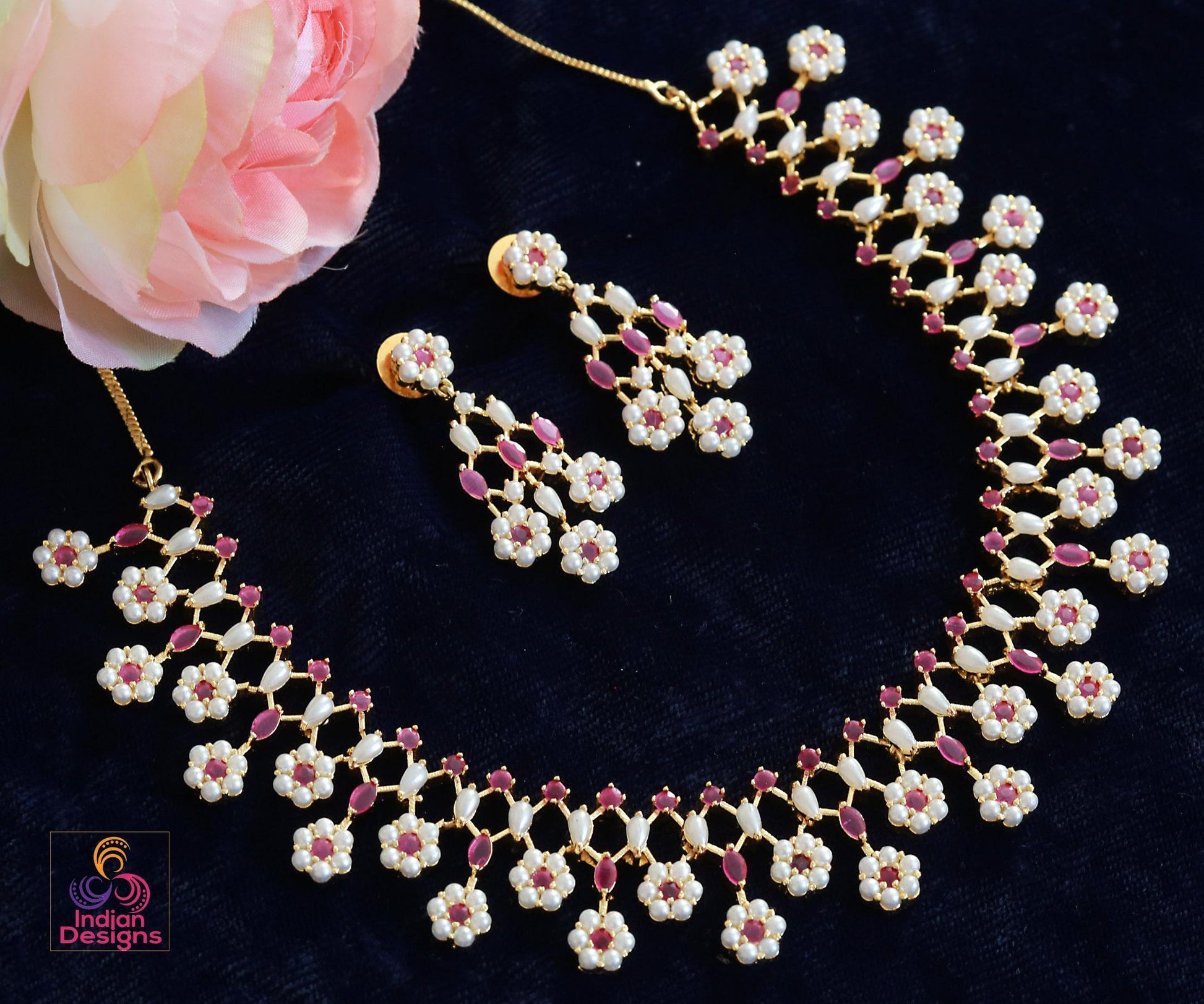 Real Pearl Floral Necklace Set with Green Stones| Multicolor Bridal Wedding Jewelry| Gold Plated Pearl Jewelry| Statement Necklace| For her