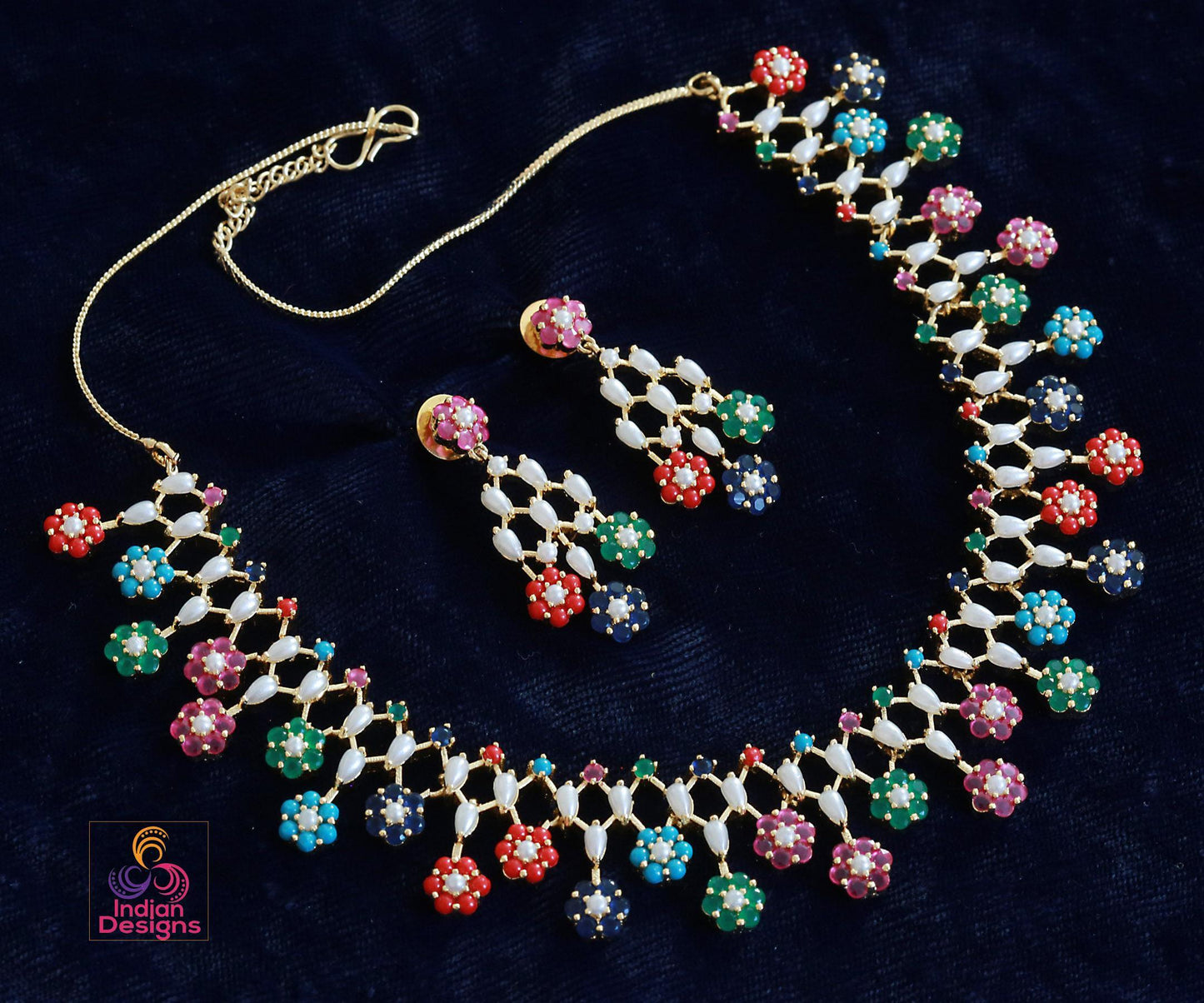 Real Pearl Floral Necklace Set with Green Stones| Multicolor Bridal Wedding Jewelry| Gold Plated Pearl Jewelry| Statement Necklace| For her