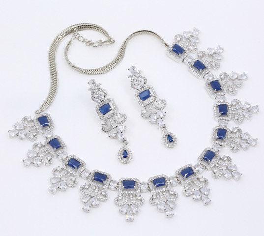 American Diamond Blue Sapphire/Emerald Green/Topaz Necklace &Earring Set| Silver tone Indian/Pakistani/Punjabi Wedding Jewelry| Gift for her