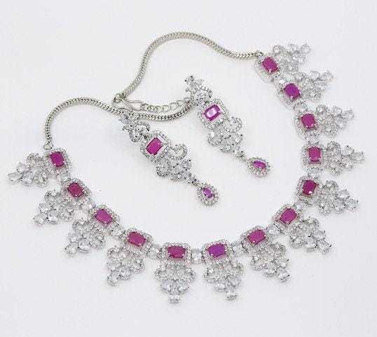 American Diamond Blue Sapphire/Emerald Green/Topaz Necklace &Earring Set| Silver tone Indian/Pakistani/Punjabi Wedding Jewelry| Gift for her