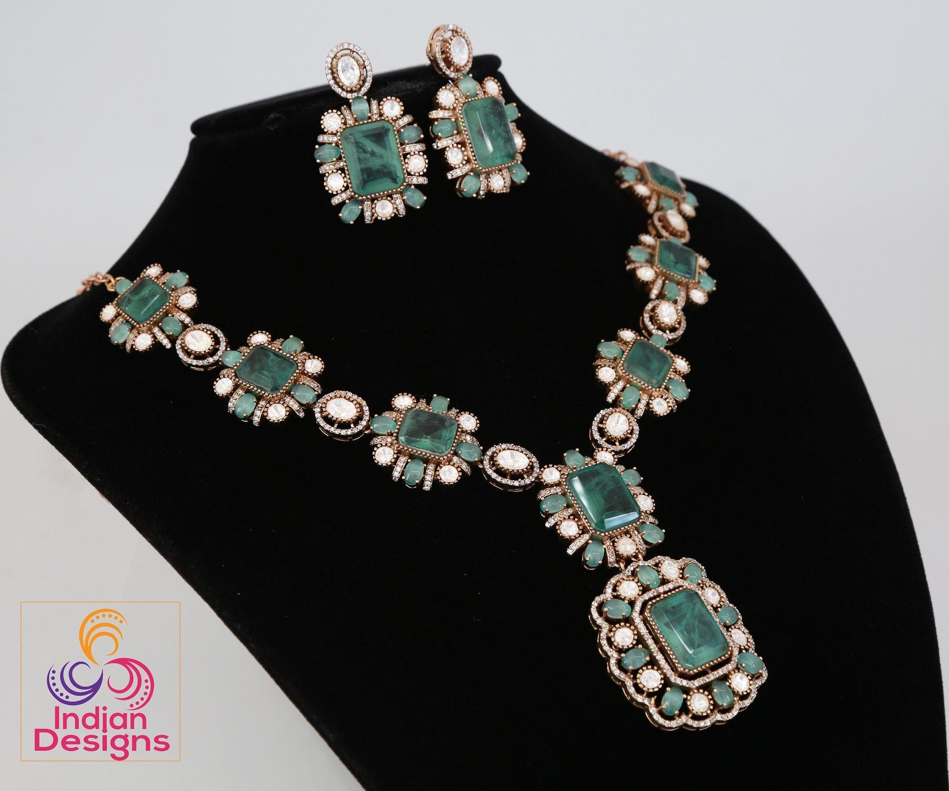 Doublet stone moissanite polki necklace & earring set| victorian gold emerald and pink kundan sabyasachi statement necklace set|gift for her