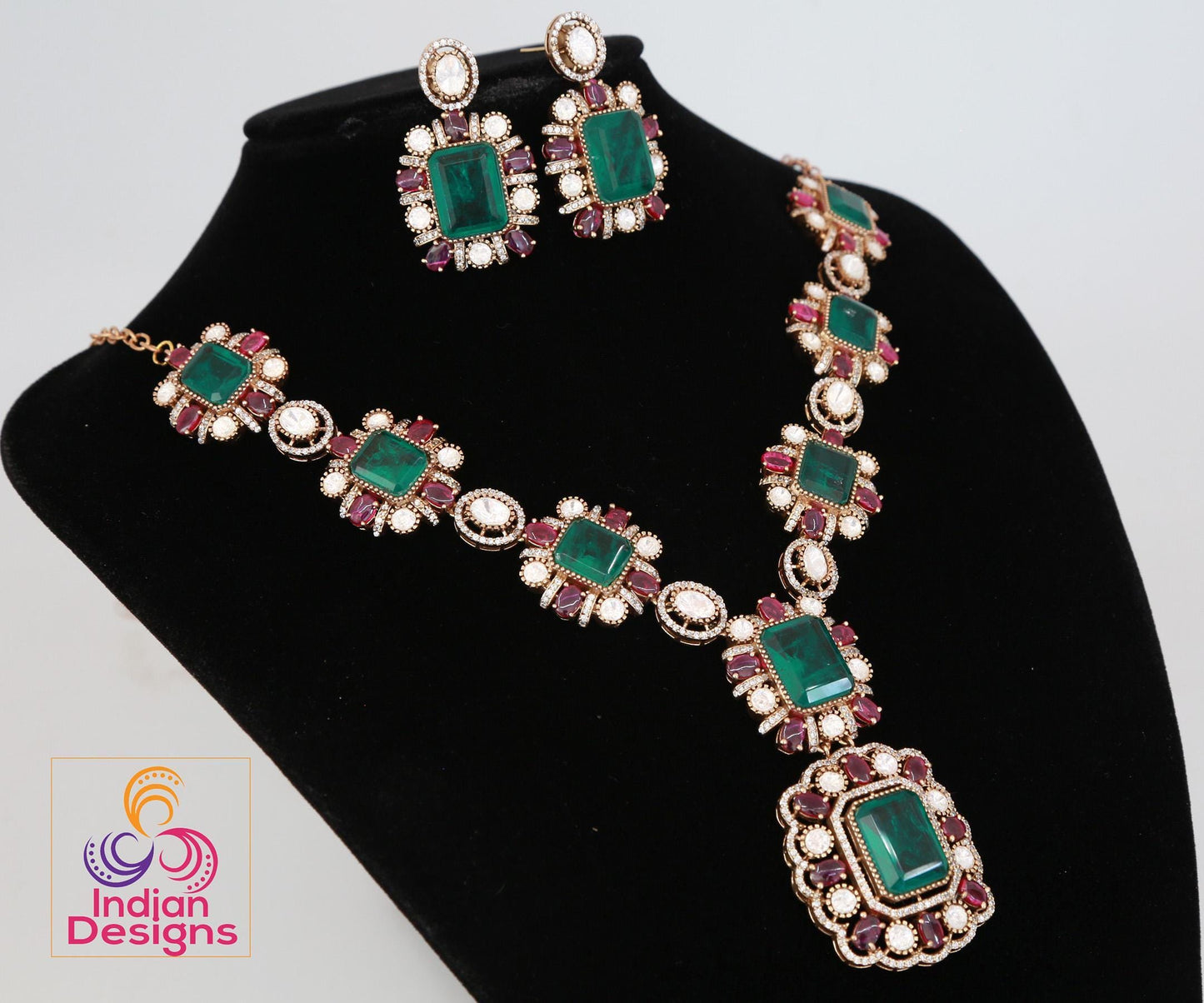 Doublet stone Moissanite Polki Necklace & Earring Set| Victorian Gold Emerald and Pink Kundan Sabyasachi Statement necklace set|Gift for her