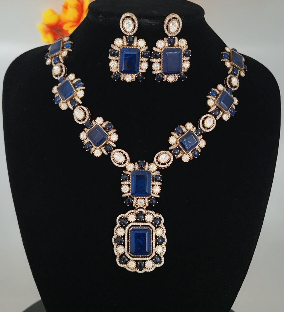 Victorian Gold Polish American Diamond Necklace Set| Statement Necklace| Polki Kundan stone Necklace| Indian Wedding Jewelry| Gift for her