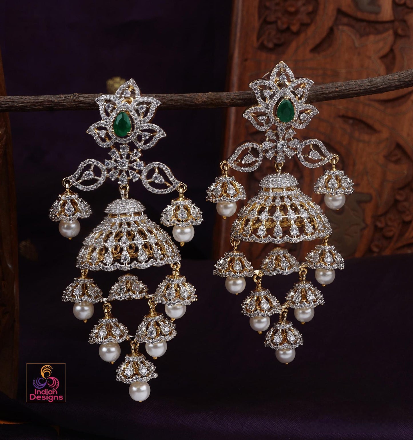 Grand american diamond jhumka earrings| cz bridal wedding danglers| ruby green purple stone jhumkis| statement earrings| fancy gift for her