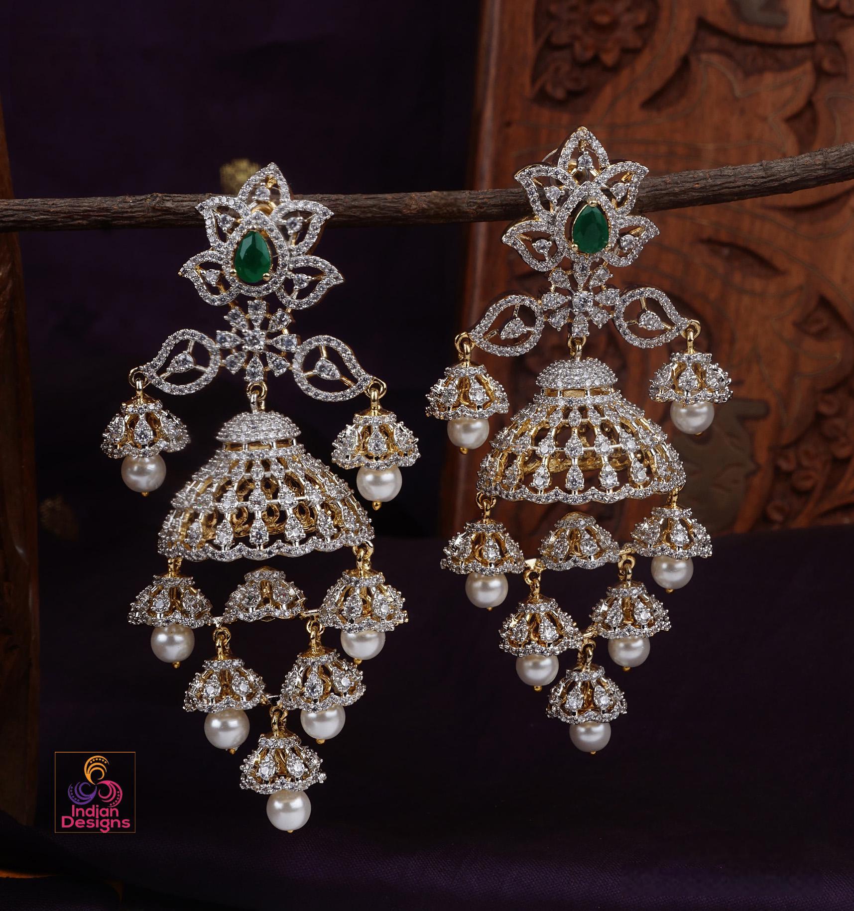 Grand american diamond jhumka earrings| cz bridal wedding danglers| ruby green purple stone jhumkis| statement earrings| fancy gift for her