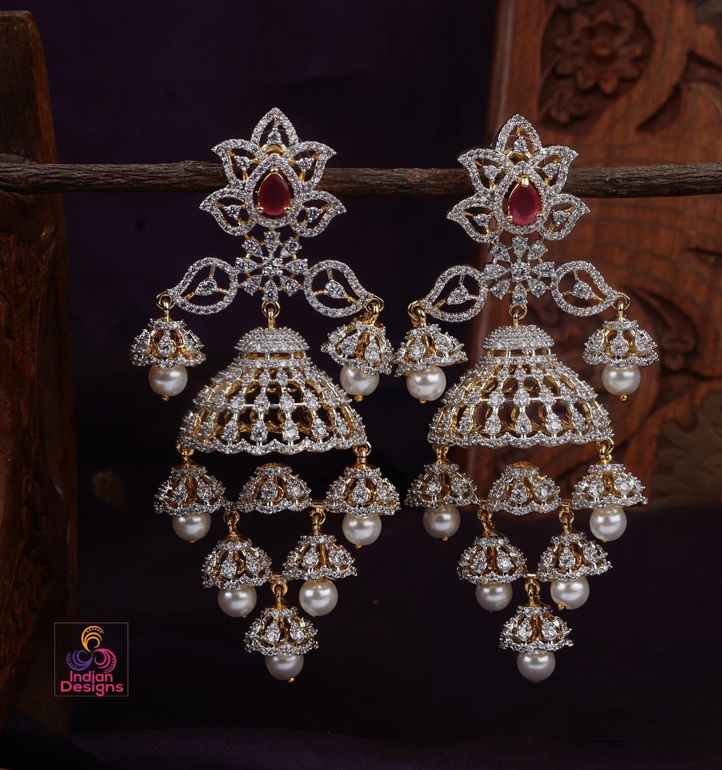Grand american diamond jhumka earrings| cz bridal wedding danglers| ruby green purple stone jhumkis| statement earrings| fancy gift for her