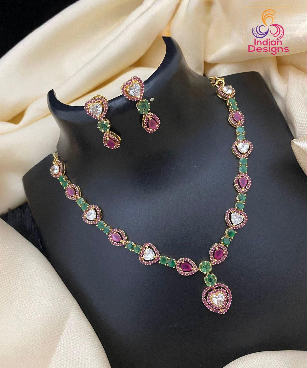 American Diamond Necklace-22k Gold polish | Emerald Ruby CZ Diamond choker Earrings | Indian jewelry sets |Party wear necklace |Gift for her
