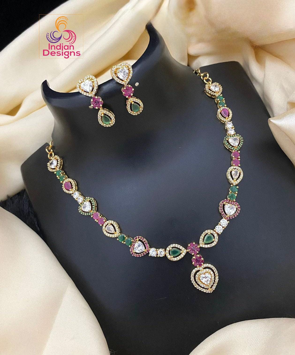 American Diamond Necklace-22k Gold polish | Emerald Ruby CZ Diamond choker Earrings | Indian jewelry sets |Party wear necklace |Gift for her