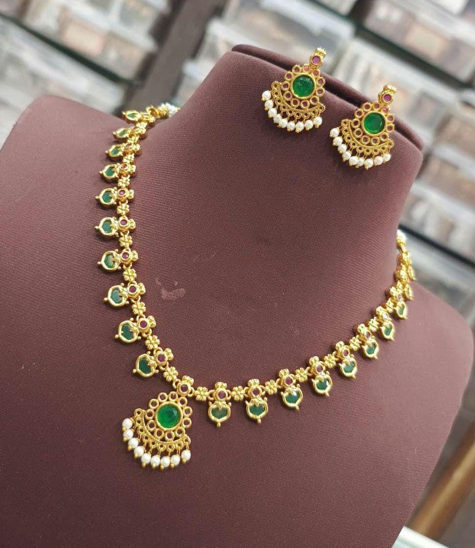 Indian Ruby Emerald Necklace short Set| Gold Plated Palakka mala AD Stone & Pearl Drop Traditional South Indian Wedding Jewelry|Gift for her