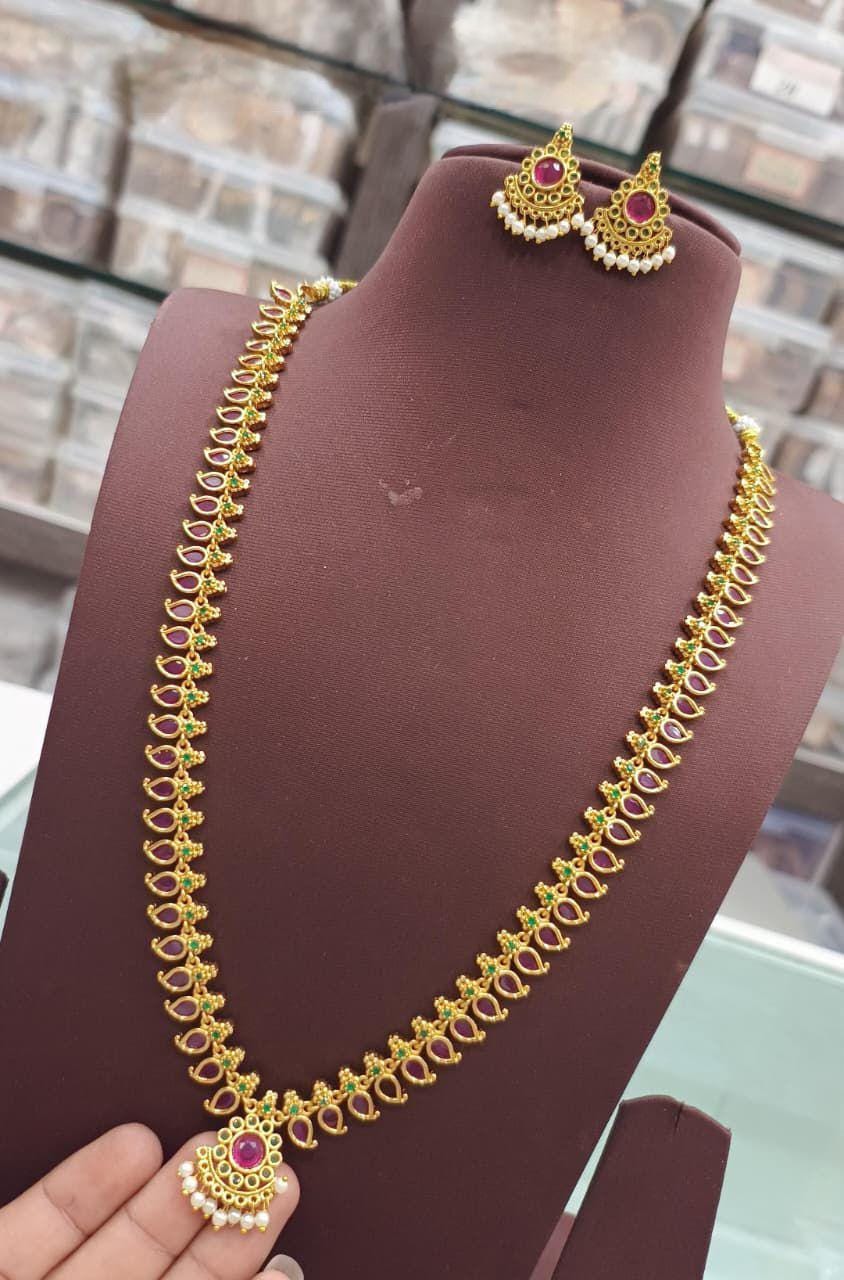 Indian Ruby Emerald Necklace Set| Gold Plated Mango Motif AD Stone & Pearl Drop Traditional Wedding Jewelry| South Indian Style|Gift for her
