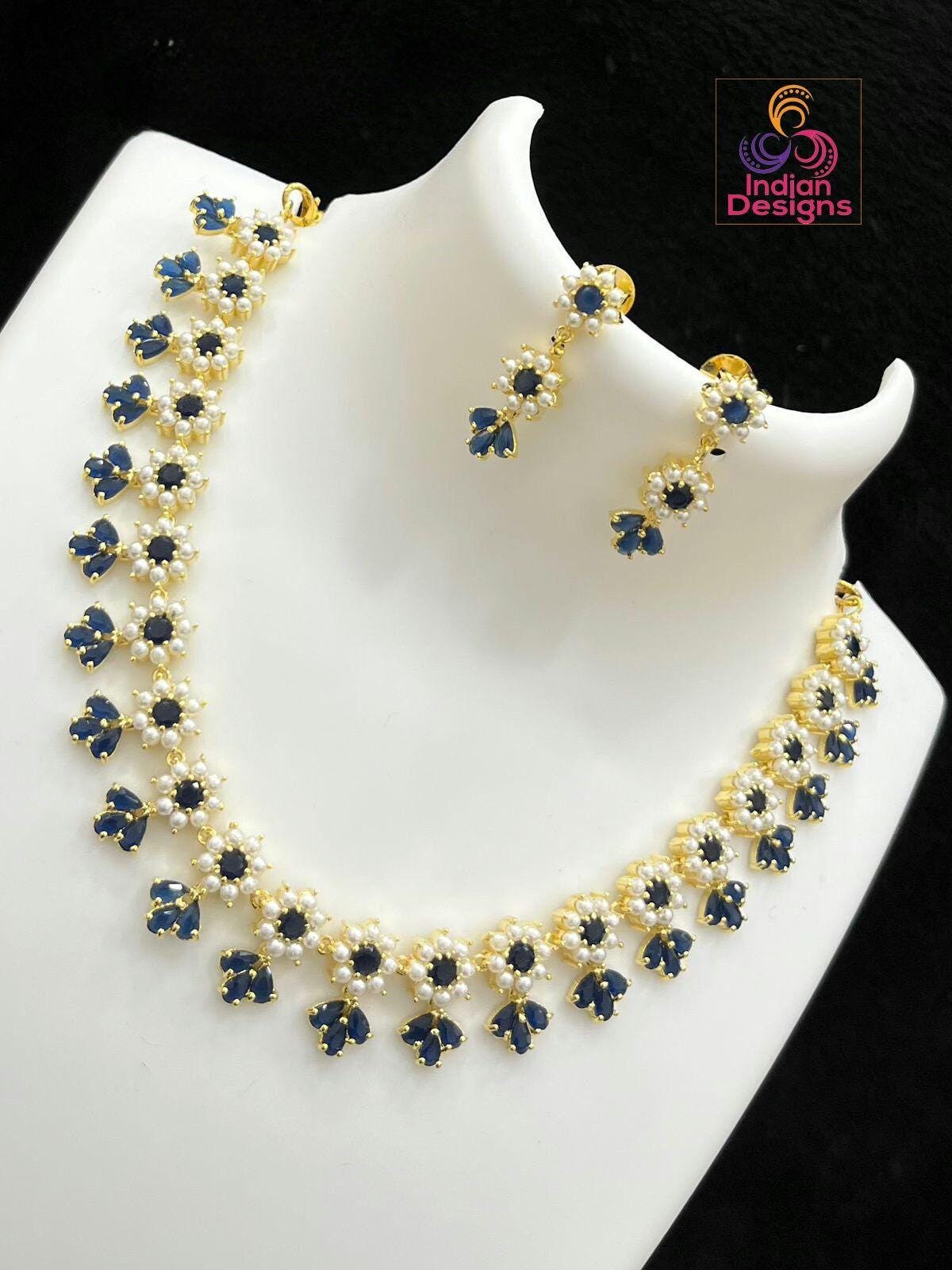 Gold Plated Exclusive Pearls,Red coral and American Diamond Floral motif Necklace Earring set|Indian Jewelry|Statement jewelry|Gift for her