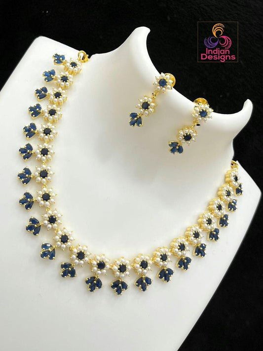 Gold Plated Exclusive Pearls,Red coral and American Diamond Floral motif Necklace Earring set|Indian Jewelry|Statement jewelry|Gift for her