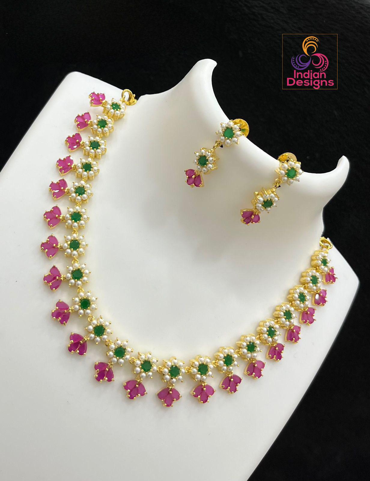 Gold Plated Exclusive Pearls,Red coral and American Diamond Floral motif Necklace Earring set|Indian Jewelry|Statement jewelry|Gift for her
