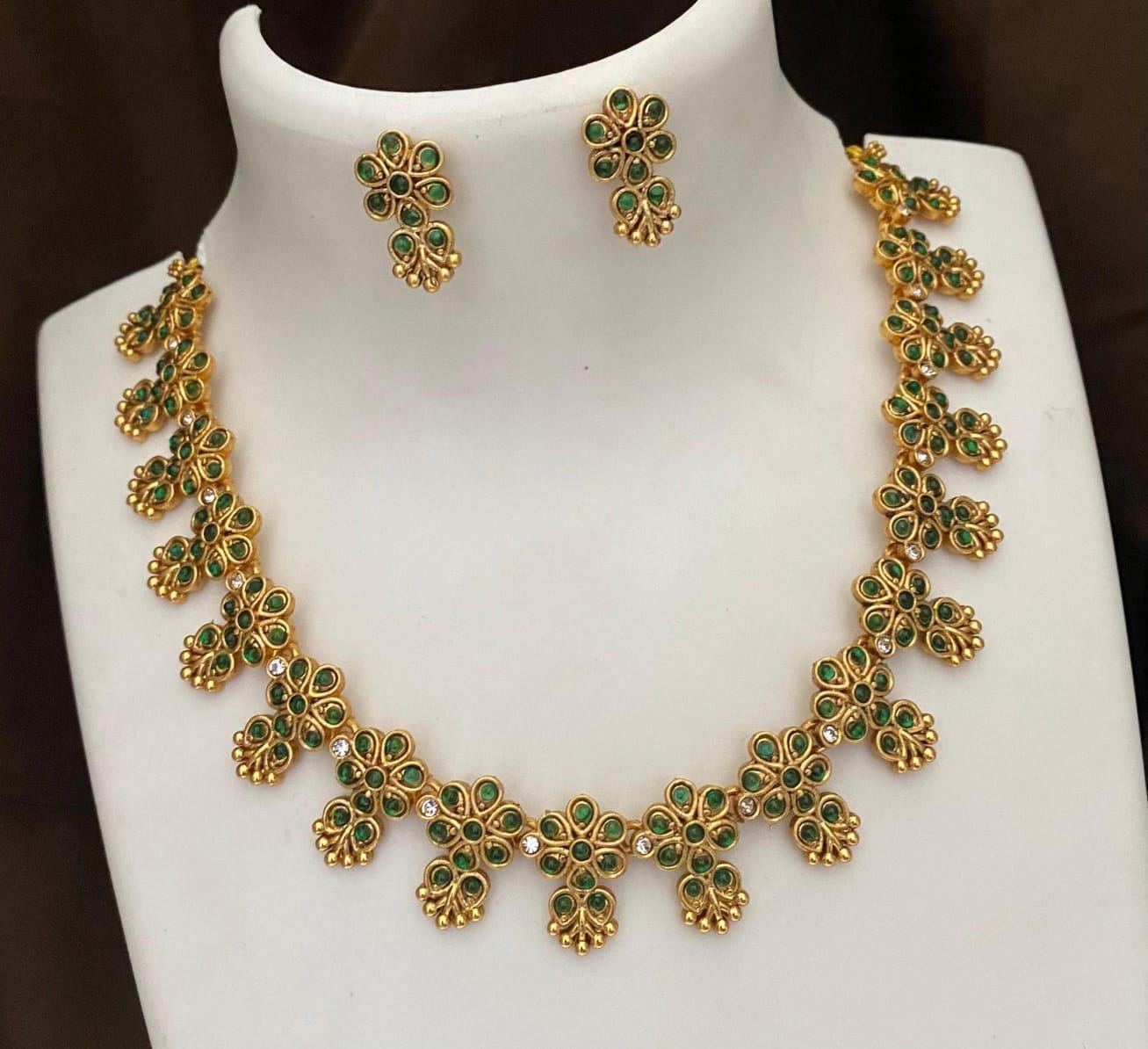 Gold Plated Simple Short Necklace in floral design| Pink & Green stone necklace| Temple Wedding Jewelry| South Indian Jewelry| Gift for her
