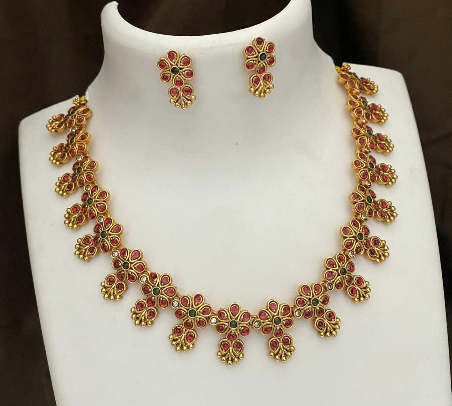 Gold Plated Simple Short Necklace in floral design| Pink & Green stone necklace| Temple Wedding Jewelry| South Indian Jewelry| Gift for her