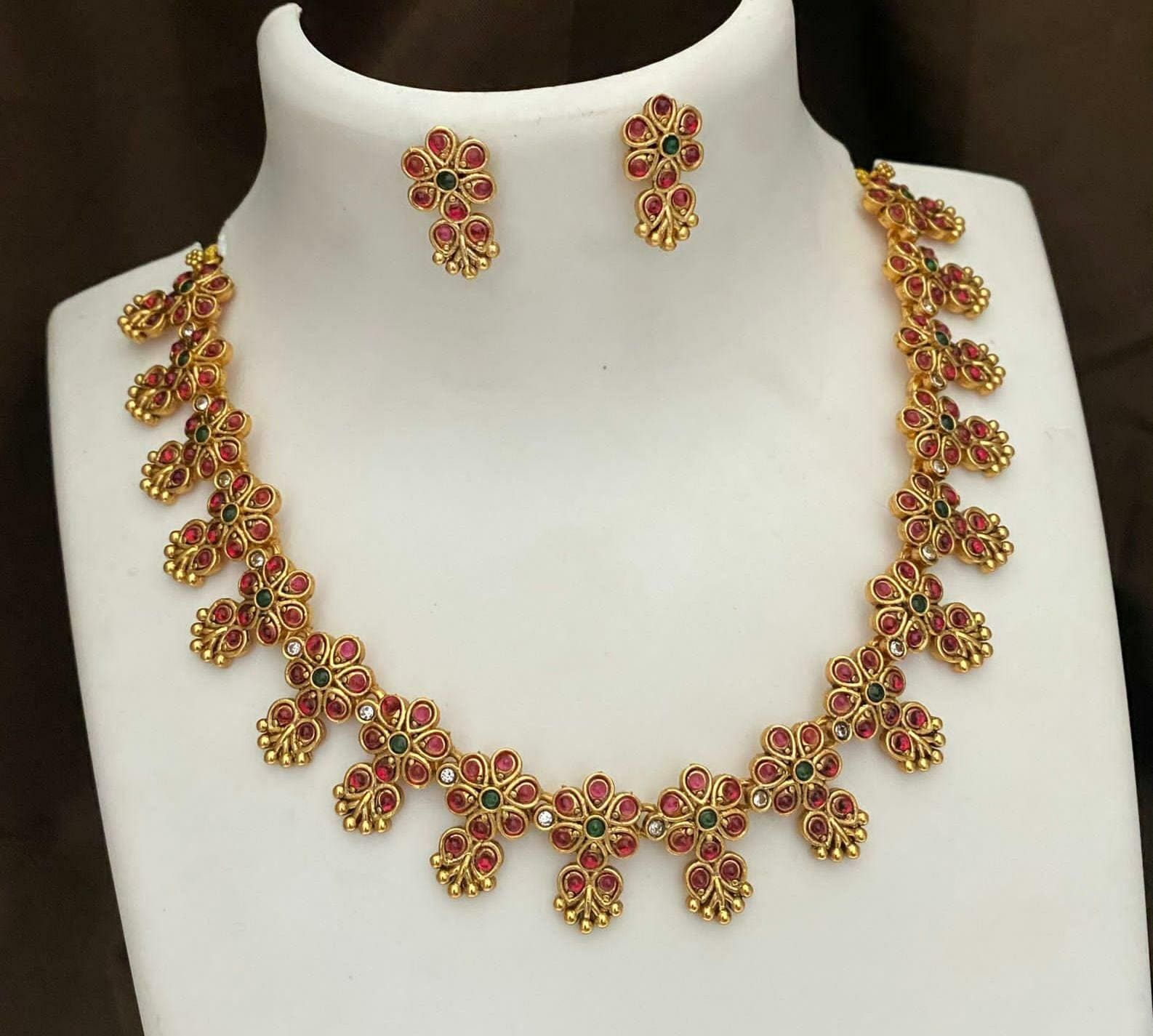 Gold Plated Simple Short Necklace in floral design| Pink & Green stone necklace| Temple Wedding Jewelry| South Indian Jewelry| Gift for her