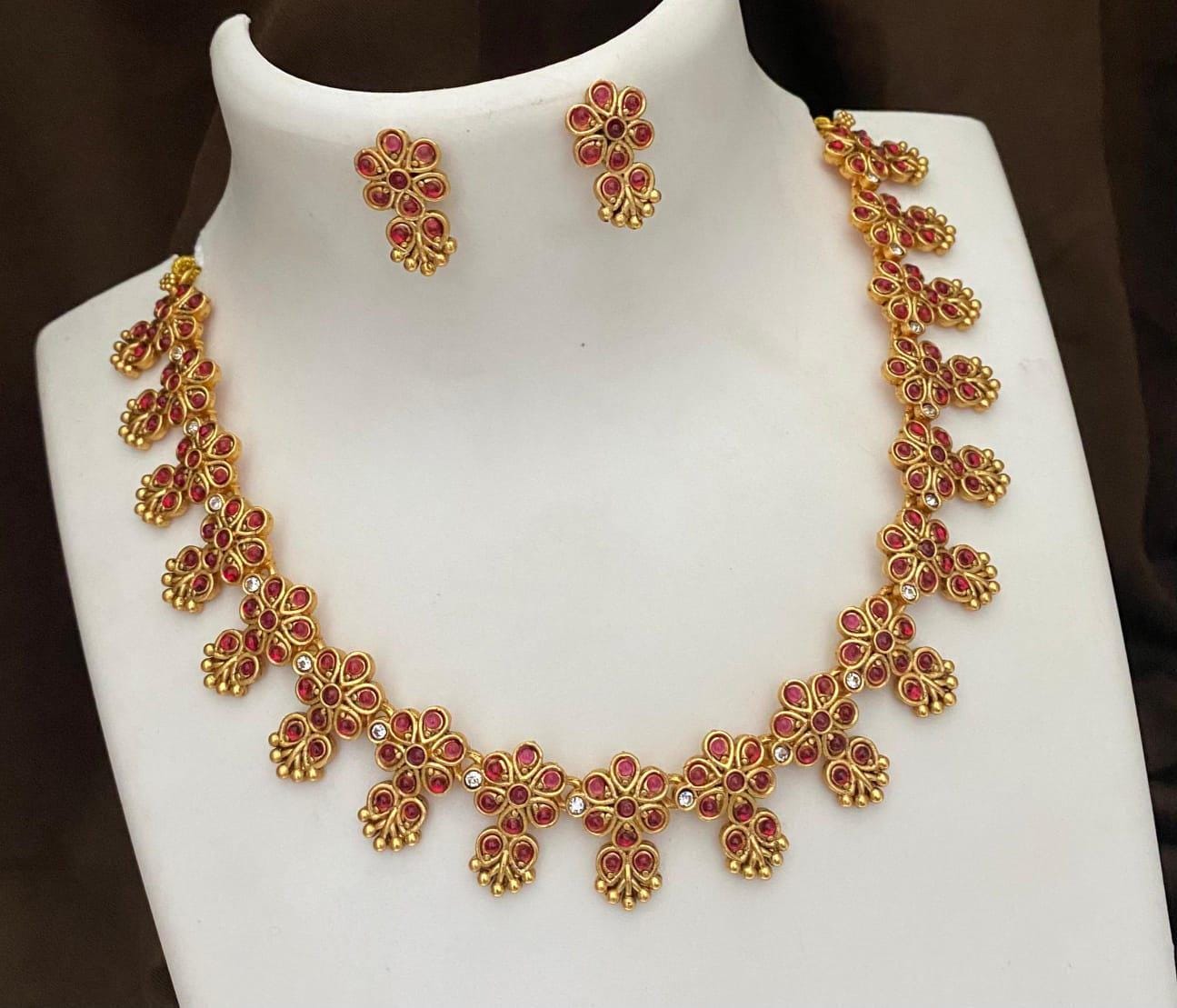 Gold Plated Simple Short Necklace in floral design| Pink & Green stone necklace| Temple Wedding Jewelry| South Indian Jewelry| Gift for her