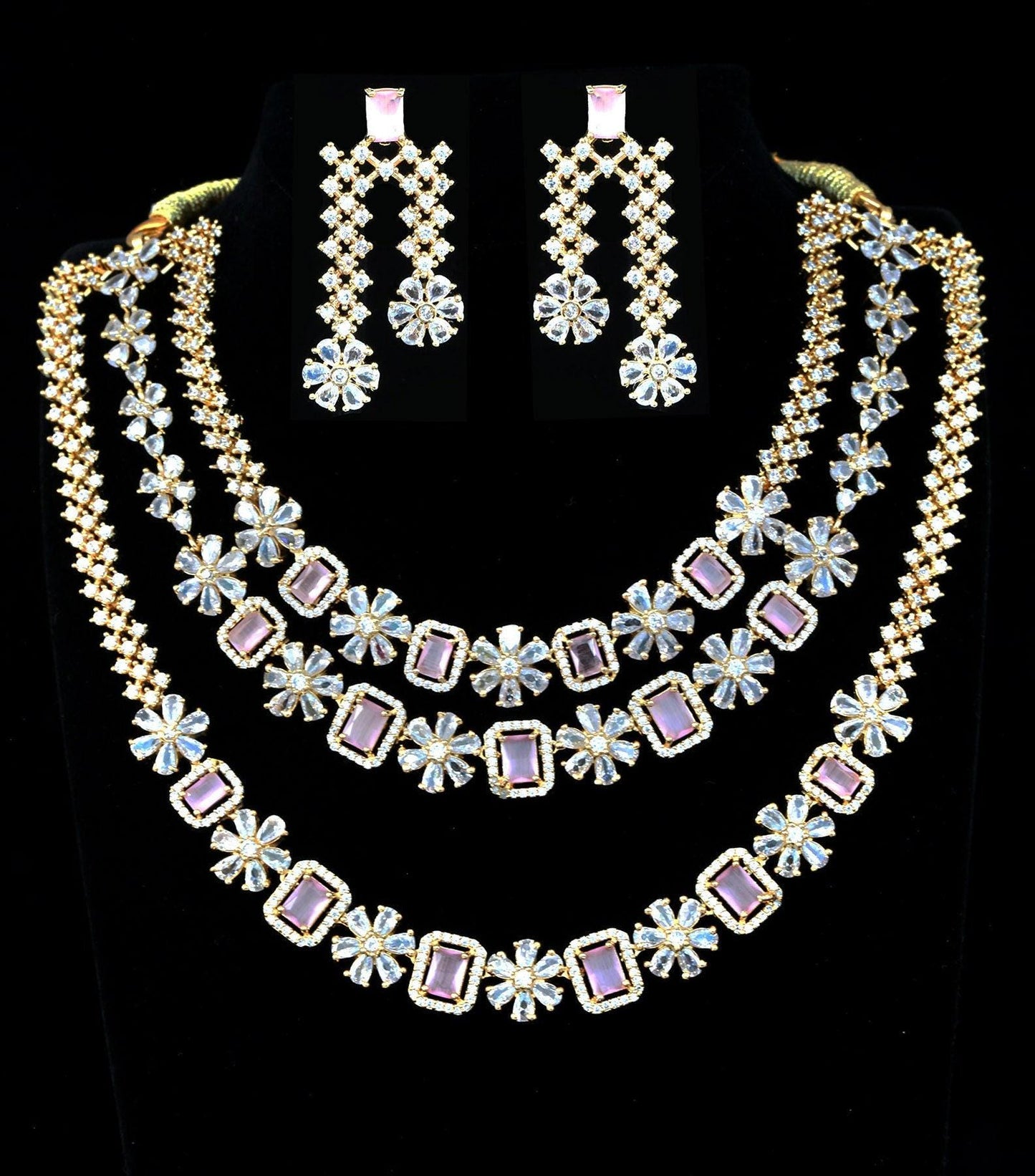 Mothers Day Gift, 3 layer American Diamond Gold Floral necklace, Multi-strand CZ wedding Designer jewelry, Statement Jewelry Indian Designs