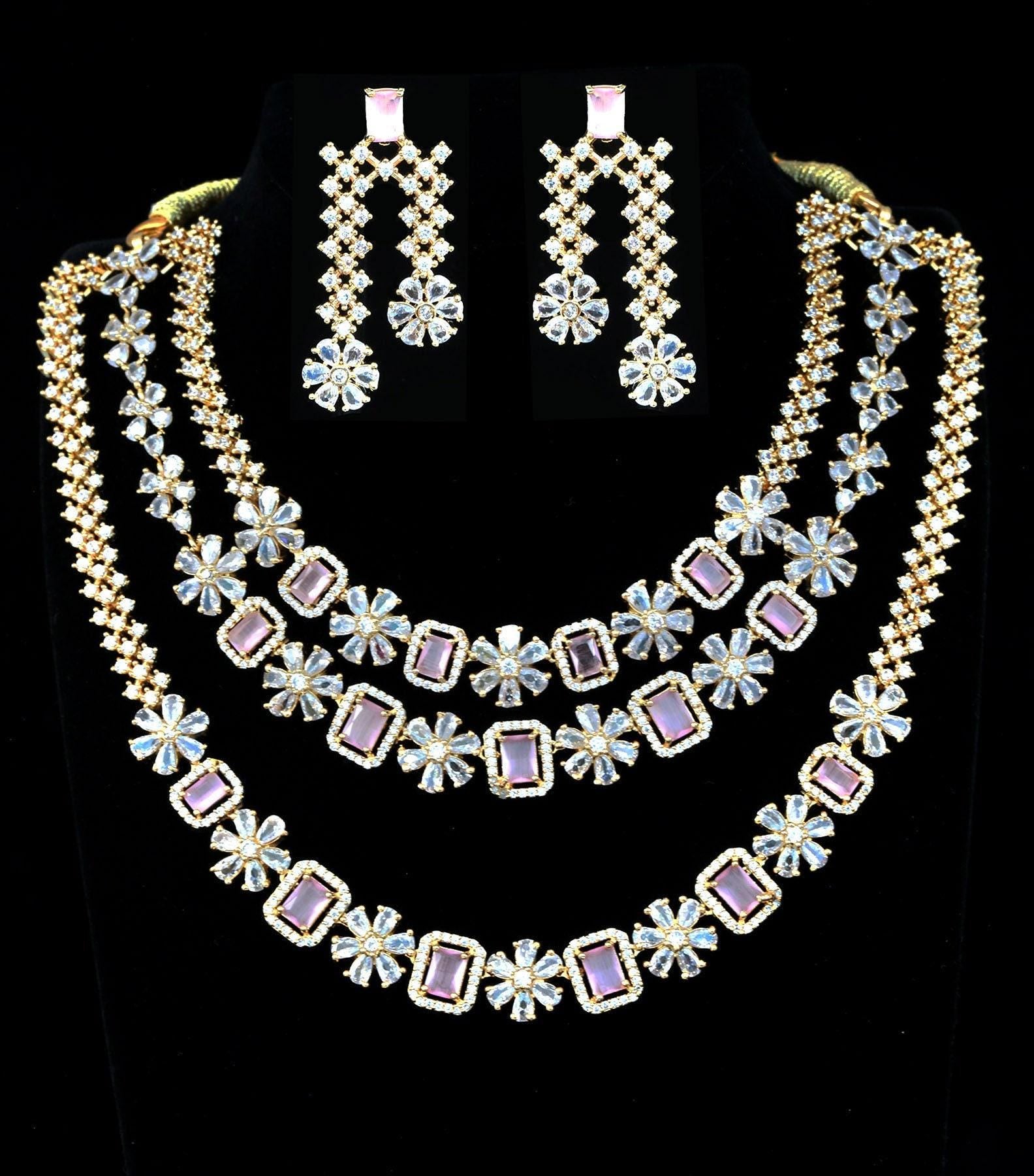 Mothers Day Gift, 3 layer American Diamond Gold Floral necklace, Multi-strand CZ wedding Designer jewelry, Statement Jewelry Indian Designs