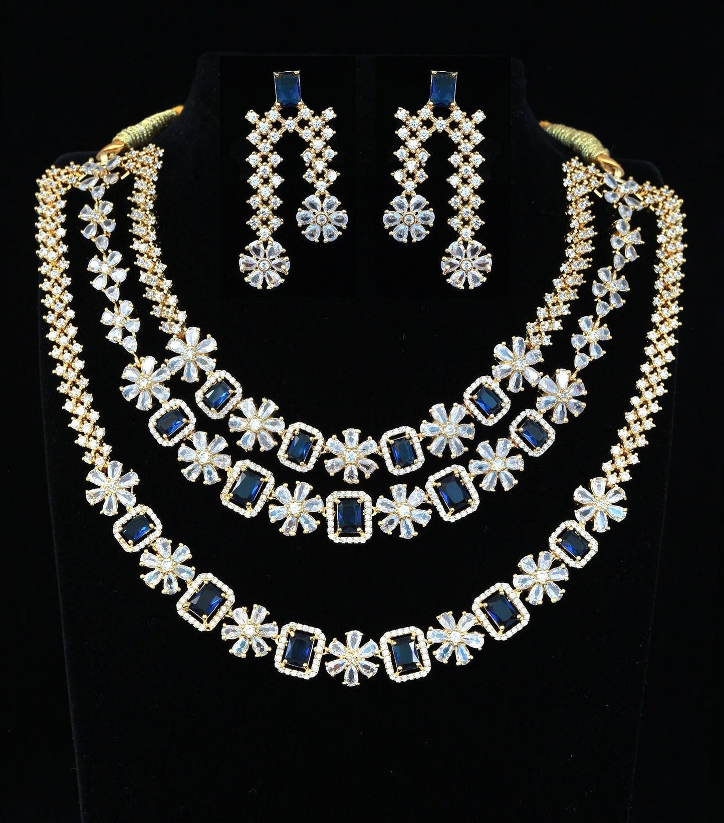 Mothers Day Gift, 3 layer American Diamond Gold Floral necklace, Multi-strand CZ wedding Designer jewelry, Statement Jewelry Indian Designs