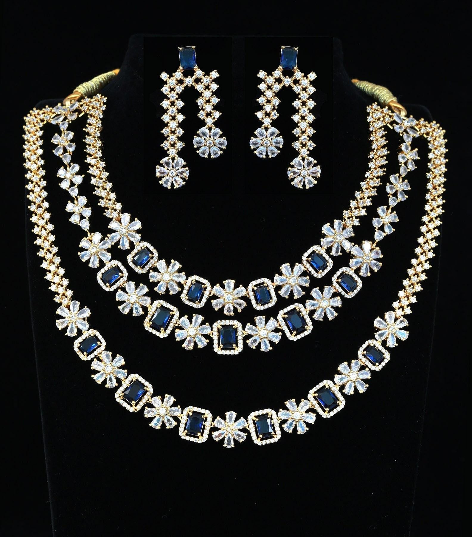 Mothers Day Gift, 3 layer American Diamond Gold Floral necklace, Multi-strand CZ wedding Designer jewelry, Statement Jewelry Indian Designs