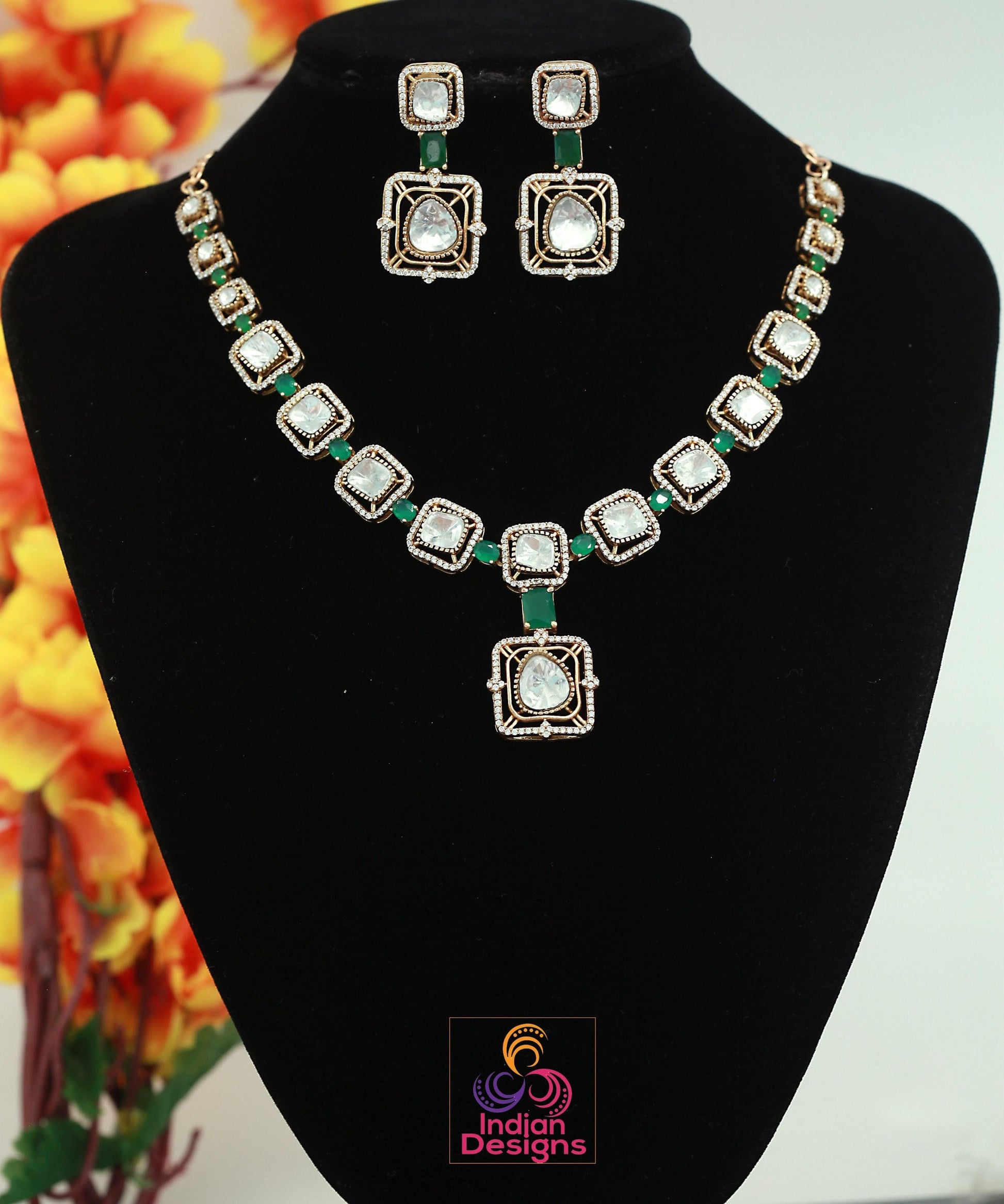 Victorian Gold Polish Kundan Necklace Set| Statement Necklace| Uncut Polki Kundan stone Necklace| Indian Wedding Bridal Jewelry|Gift for her