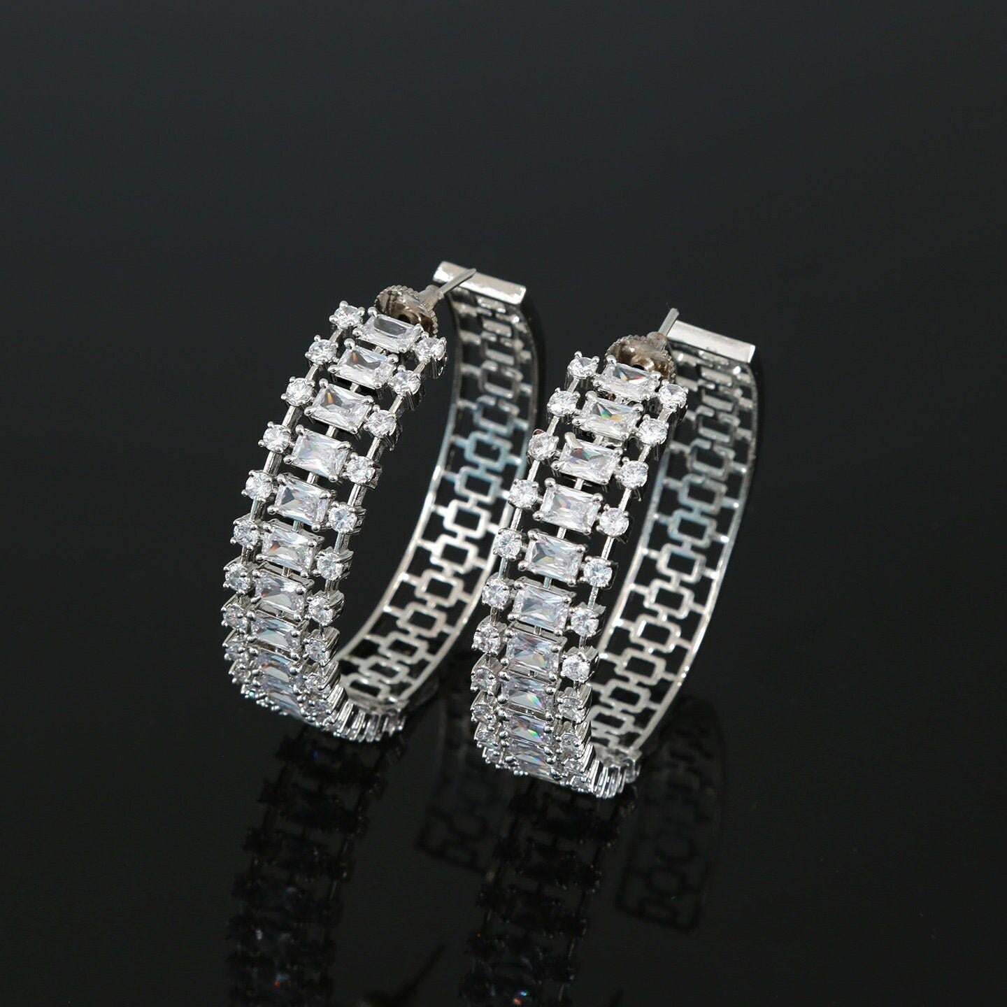 Rhodium plated Large Circle AD Chandbali earrings | Indian Jewelry Earrings | chand bali earrings for saree | CZ Diamond Statement Earrings