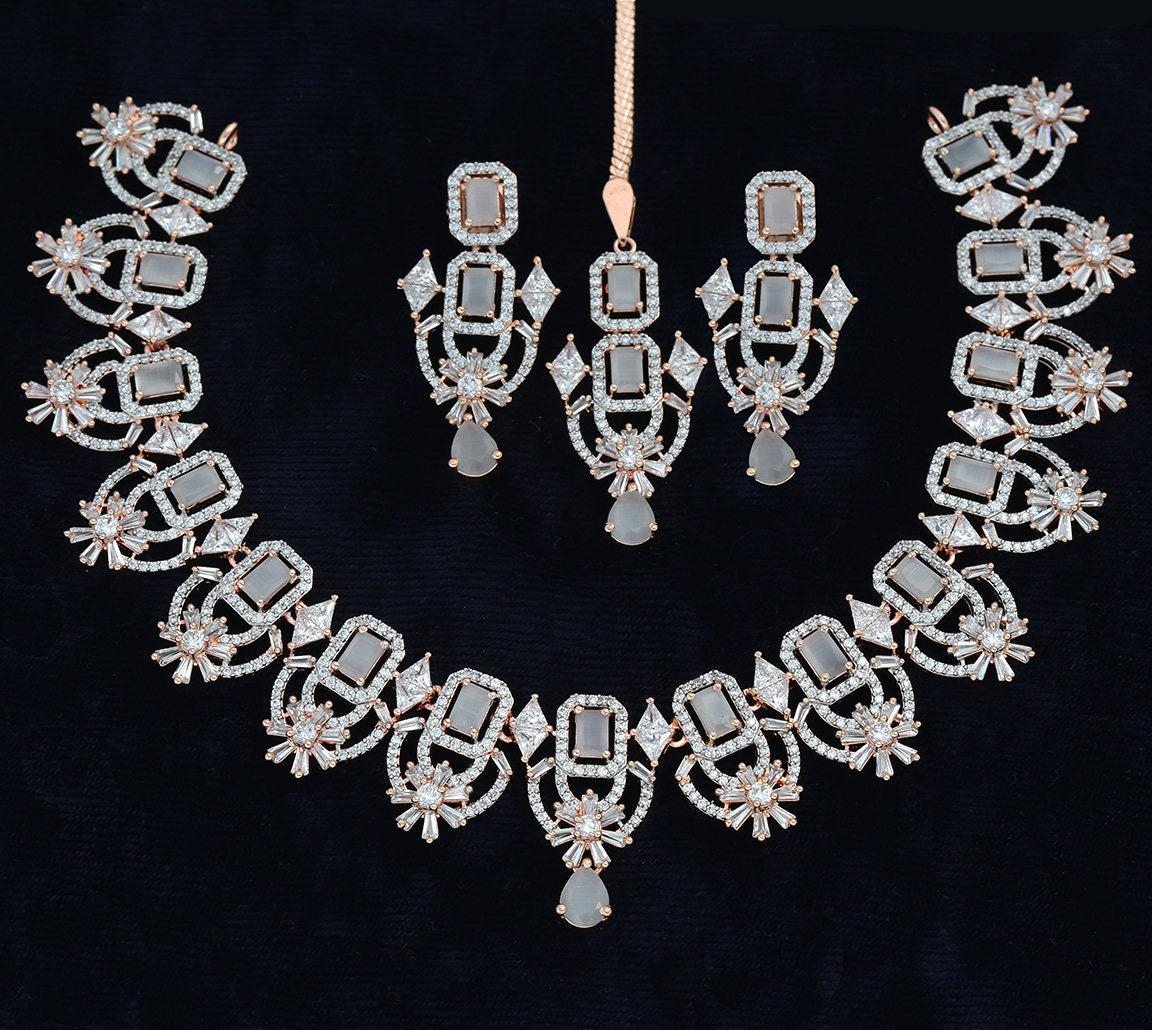 Rose gold wedding bridal necklace tikka set | blue sapphire & grey cz statement necklace | luxury style necklace wedding jewelry for bride